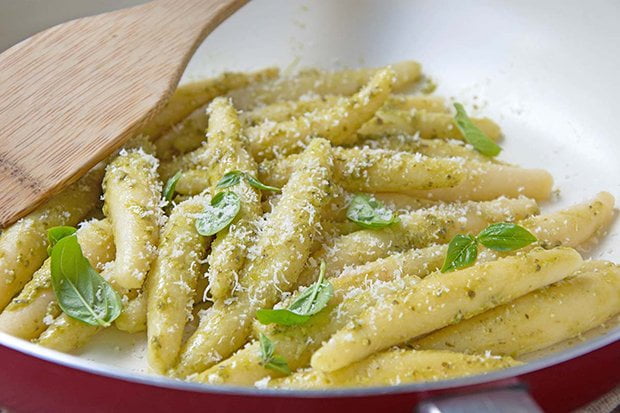 Cooked potato noodles with herb pesto recipe