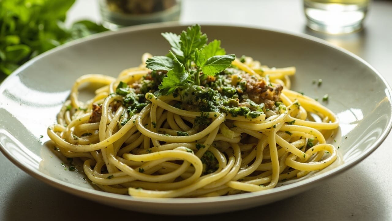 Cooked potato noodles with herb pesto recipe image 1 Cooked potato noodles with herb pesto recipe - illustration 1