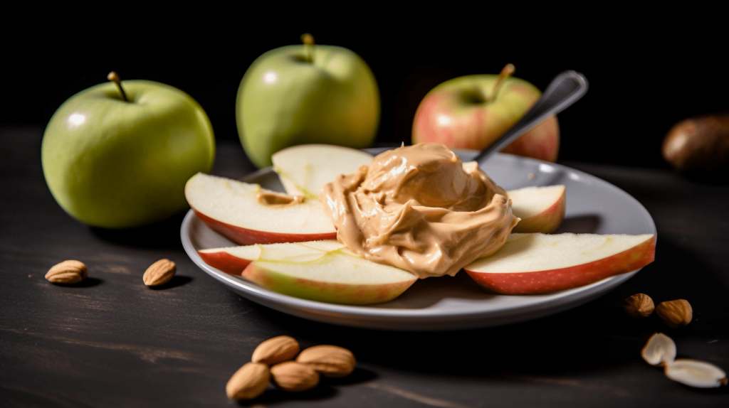 Apple slices with peanut butter and almonds on a plate