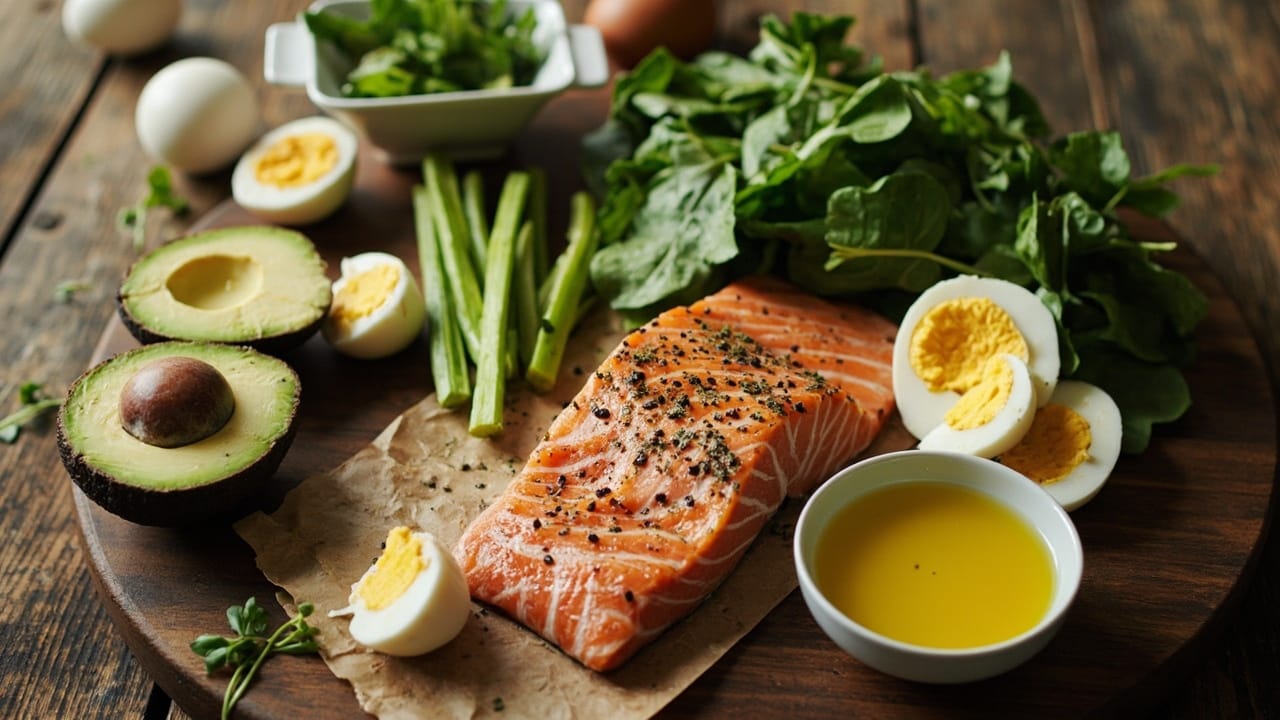 keto meal plan for beginners - meal prep layout with salmon avocado and eggs