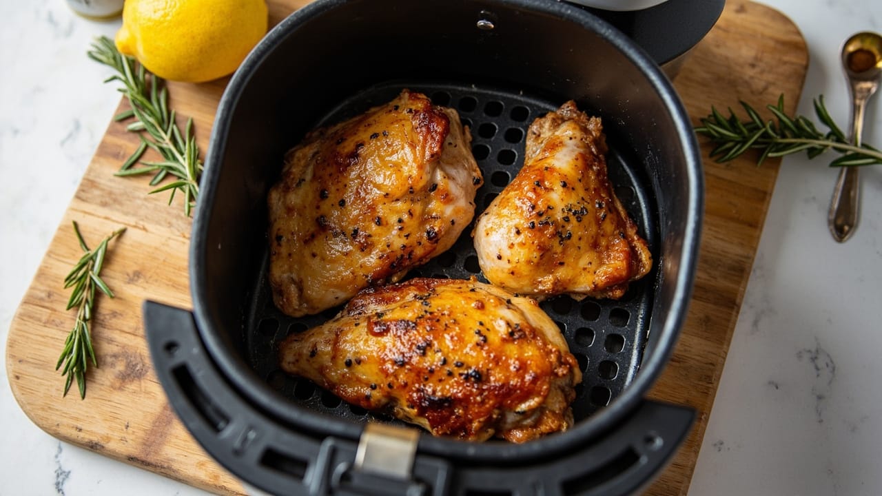 air fryer chicken recipes: golden-brown seasoned chicken breast in a modern air fryer basket