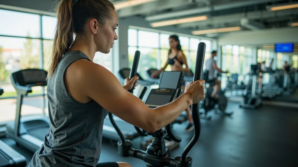 elliptical workout - person using elliptical machine in gym