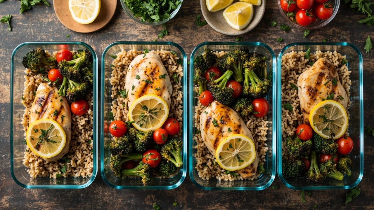 meal prep chicken recipes — meal prepped chicken lunches in glass containers with vegetables