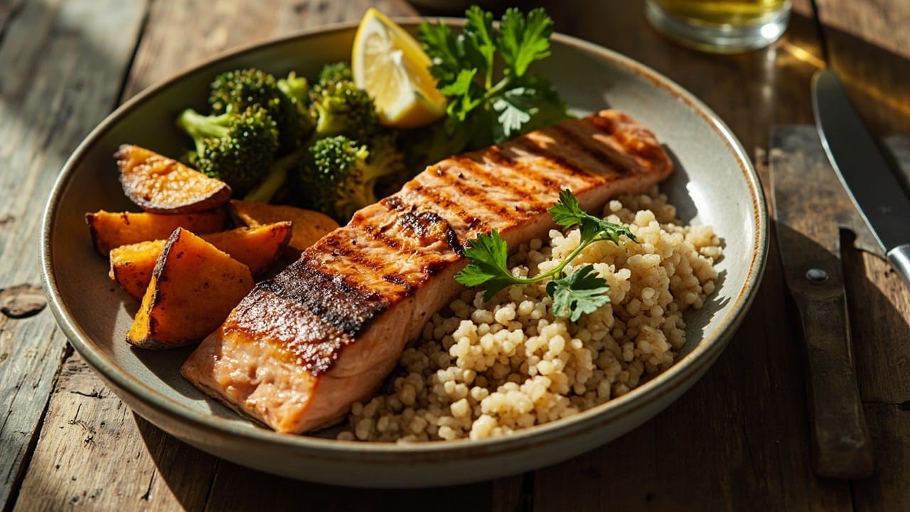 Nutritious meals that actually work - balanced plate with salmon and vegetables