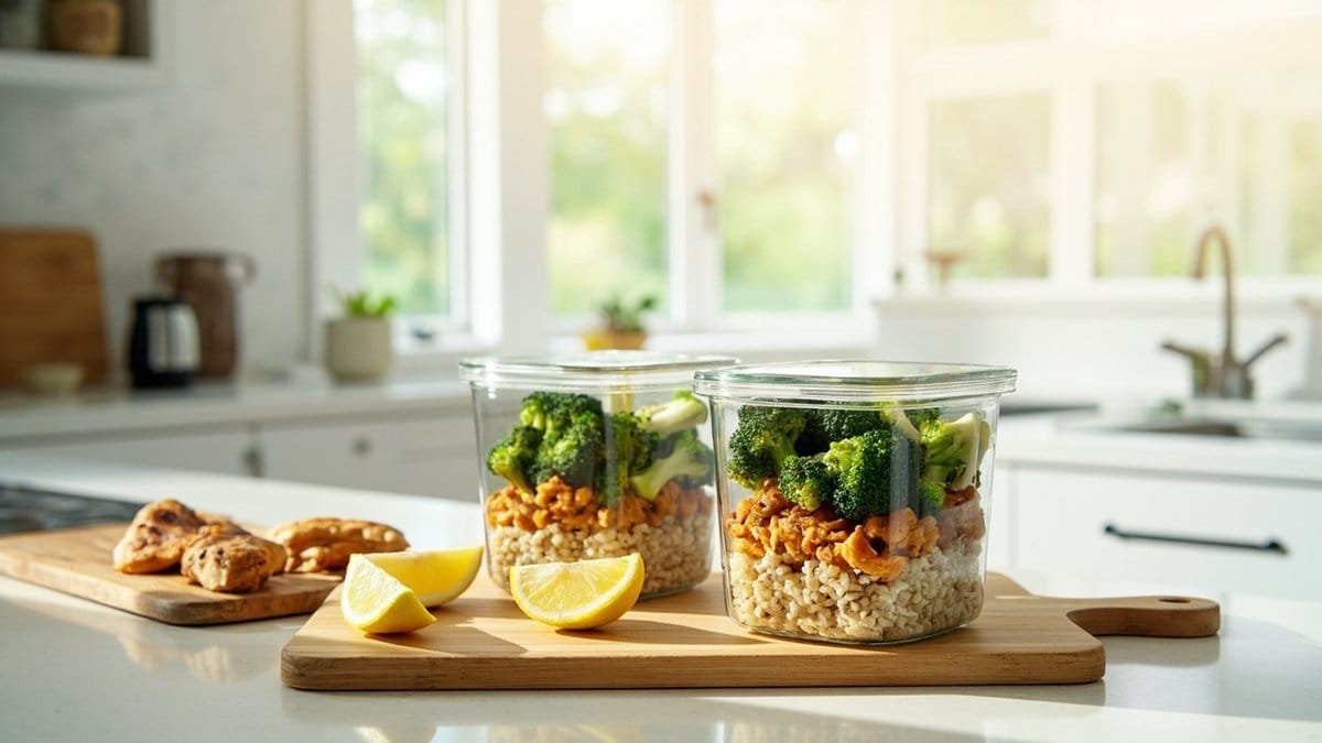 proven healthy recipes strategies - meal prep containers with chicken, vegetables, and quinoa