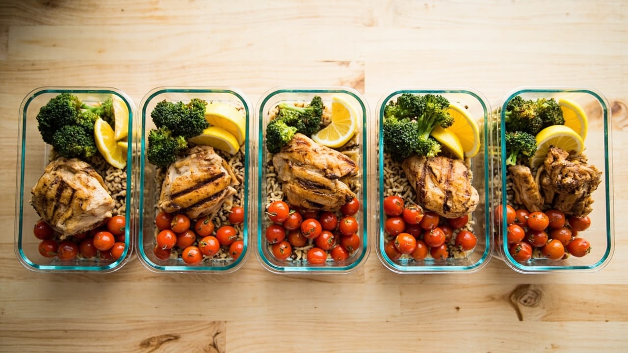 proven nutritious meals strategies — meal prep containers with grilled chicken and vegetables