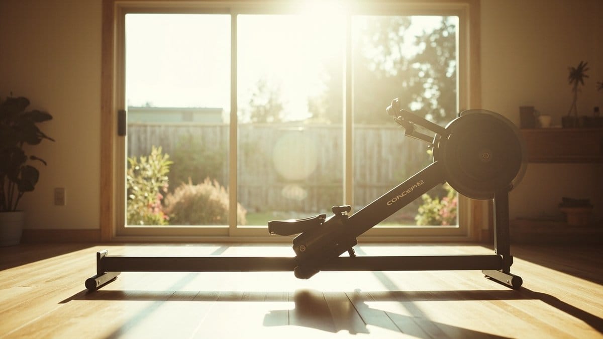 rowing machine workout indoor ergometer setup realistic photo