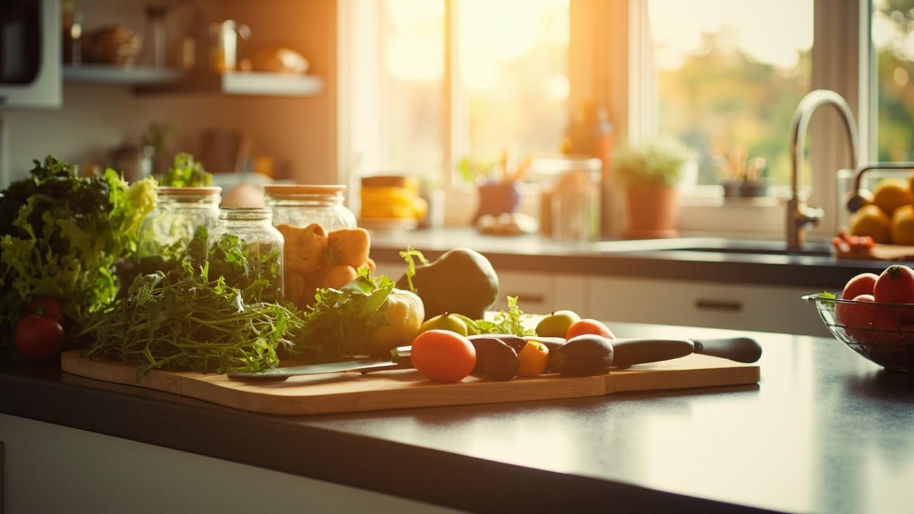 how to meal prep for the week - Sunday kitchen scene with glass containers and fresh produce
